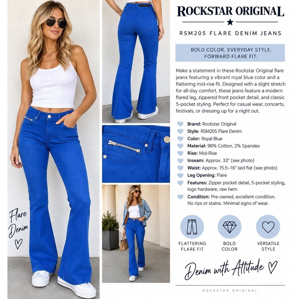 Rockstar Original RSM205 Flare Jeans Womens Royal Blue Stretch Raw Hem Y2K 10